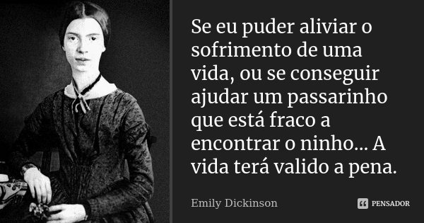 Se eu puder aliviar o sofrimento de uma vida, ou se conseguir ajudar um passarinho que está fraco a encontrar o ninho... A vida terá valido a pena.... Frase de Emily Dickinson.