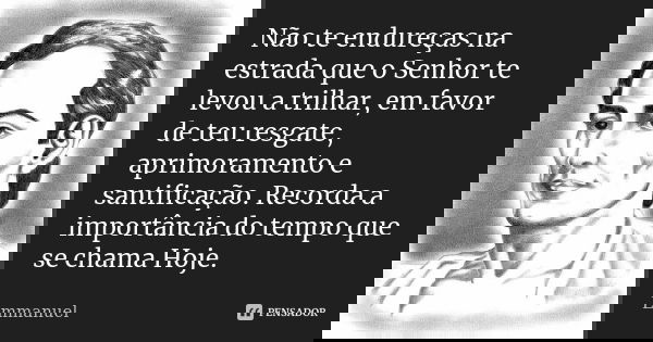 Não te endureças na estrada que o Senhor te levou a trilhar, em favor de teu resgate, aprimoramento e santificação. Recorda a importância do tempo que se chama ... Frase de Emmanuel.