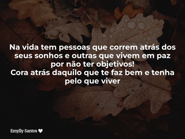 Na vida tem pessoas que correm atrás dos seus sonhos e outras que vivem em paz por não ter objetivos! Cora atrás daquilo que te faz bem e tenha pelo que viver... Frase de Emylly Santos.