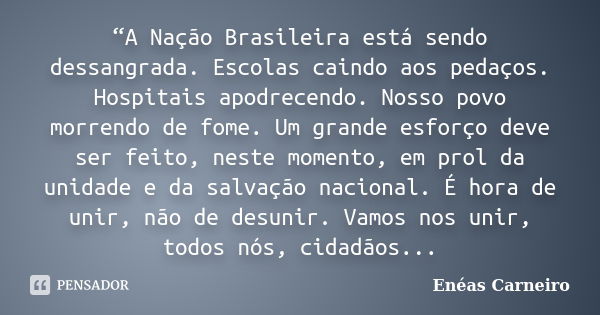 “A Nação Brasileira está sendo dessangrada. Escolas caindo aos pedaços. Hospitais apodrecendo. Nosso povo morrendo de fome. Um grande esforço deve ser feito, ne... Frase de Enéas Carneiro.