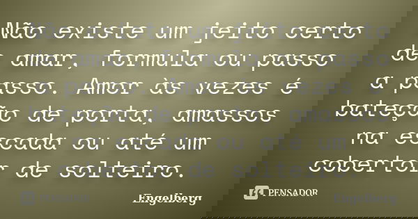 Não existe um jeito certo de amar, formula ou passo a passo. Amor às vezes é bateção de porta, amassos na escada ou até um cobertor de solteiro.... Frase de Engelberg.