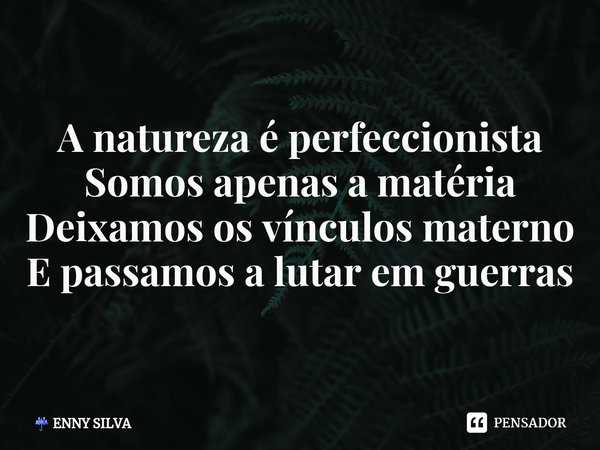 ⁠⁠A natureza é perfeccionista Somos apenas a matéria Deixamos os vínculos materno E passamos a lutar em guerras... Frase de ENNY SILVA.