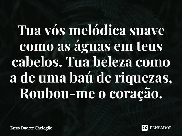 ⁠Tua vós melódica suave como as águas em teus cabelos. Tua beleza como a de uma baú de riquezas, Roubou-me o coração.... Frase de Enzo Duarte Chelegão.