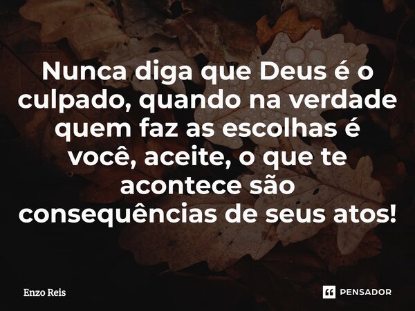 ⁠Nunca diga que Deus é o culpado, quando na verdade quem faz as escolhas é você, aceite, o que te acontece são consequências de seus atos!... Frase de Enzo Reis.