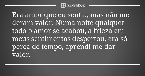 Era amor que eu sentia, mas não me deram valor. Numa noite qualquer todo o amor se acabou, a frieza em meus sentimentos despertou, era só perca de tempo, aprend