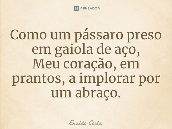 ⁠Como um pássaro preso em gaiola de aço, Meu coração, em prantos, a implorar por um abraço.... Frase de Eraldo Costa.