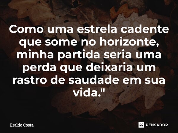 ⁠Como uma estrela cadente que some no horizonte, minha partida seria uma perda que deixaria um rastro de saudade em sua vida."... Frase de Eraldo Costa.