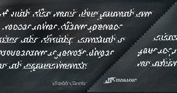 A vida fica mais leve quando em nossa alma ficam apenas cicatrizes das feridas, contudo o que as provocaram a gente lança no abismo do esquecimento.... Frase de Eraldo Cunha.
