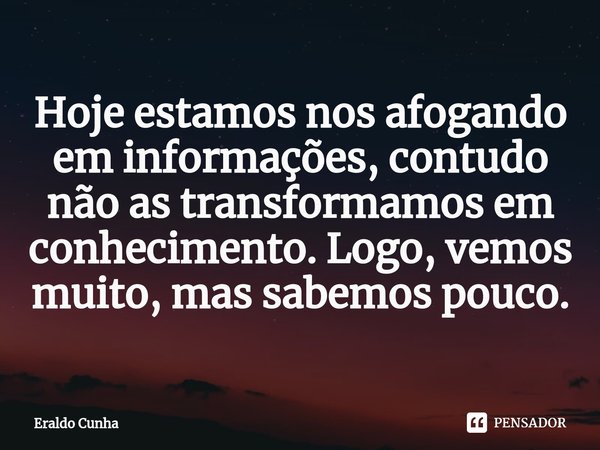 ⁠Hoje estamos nos afogando em informações, contudo não as transformamos em conhecimento. Logo, vemos muito, mas sabemos pouco.... Frase de Eraldo Cunha.