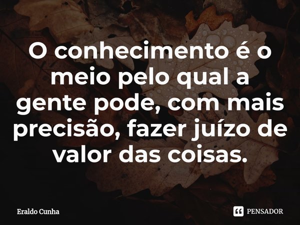 O conhecimento é o meio pelo qual a gente⁠ pode, com mais precisão, fazer juízo de valor das coisas.... Frase de Eraldo Cunha.