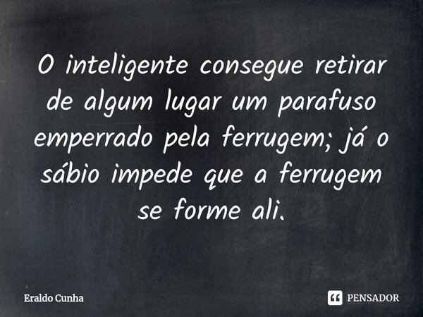O inteligente consegue retirar de algum lugar um parafuso emperrado pela ferrugem; já o sábio impede que a ferrugem se forme ali.... Frase de Eraldo Cunha.