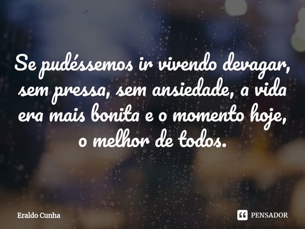 Se pudéssemos ir vivendo devagar, sem pressa, sem ansiedade, a vida era mais bonita e o momento hoje, o melhor de todos.⁠... Frase de Eraldo Cunha.