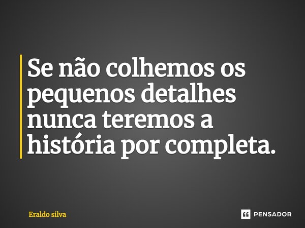 ⁠Se não colhemos os pequenos detalhes nunca teremos a história por completa.... Frase de Eraldo silva.