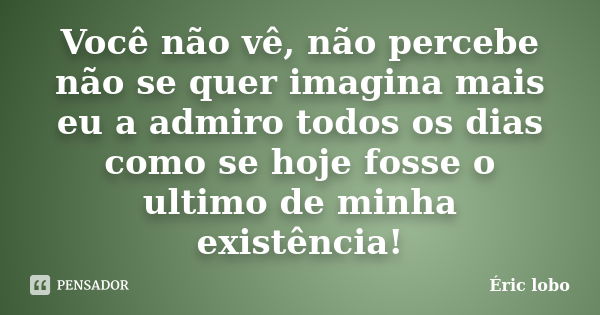 Você não vê, não percebe não se quer imagina mais eu a admiro todos os dias como se hoje fosse o ultimo de minha existência!... Frase de Éric lobo.