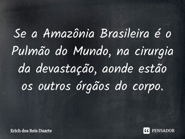 ⁠Se a Amazônia Brasileira é o Pulmão do Mundo, na cirurgia da devastação, aonde estão os outros órgãos do corpo.... Frase de Erich Dos Reis Duarte.