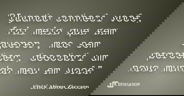 "Quando conheci você, foi meio que sem querer, mas sem perceber, descobri um novo mundo meu em você"... Frase de Erick Abreu Zaccaro.