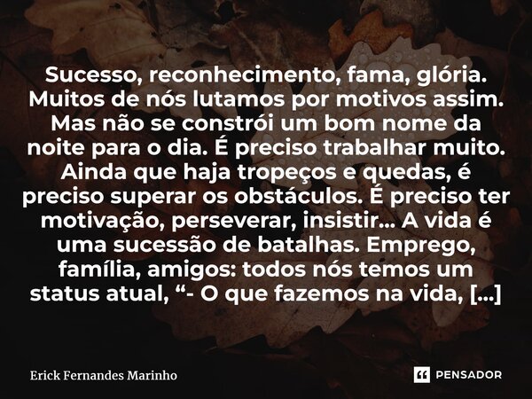 ⁠Sucesso, reconhecimento, fama, glória. Muitos de nós lutamos por motivos assim. Mas não se constrói um bom nome da noite para o dia. É preciso trabalhar muito.... Frase de Erick Fernandes Marinho.