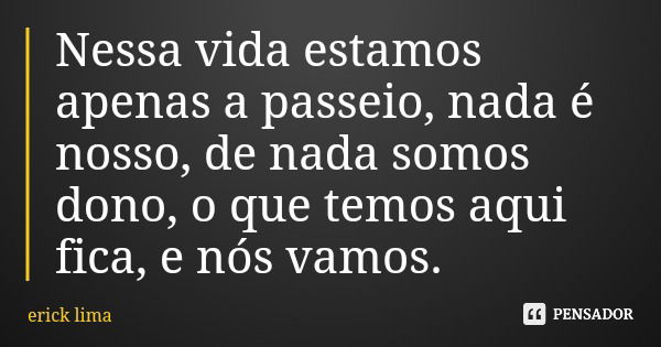Nessa vida estamos apenas a passeio, nada é nosso, de nada somos dono, o que temos aqui fica, e nós vamos.... Frase de erick lima.