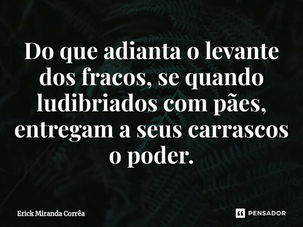 Do que adianta o levante dos fracos, se quando ludibriados com pães, entregam a seus carrascos o poder.⁠... Frase de Erick Miranda Corrêa.