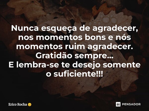 ⁠Nunca esqueça de agradecer, nos momentos bons e nós momentos ruim agradecer. Gratidão sempre... E lembra-se te desejo somente o suficiente!!!... Frase de Erico Rocha.