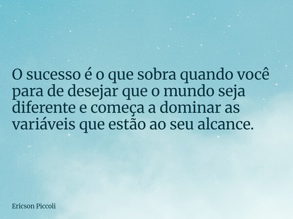 O sucesso é o que sobra quando você para de desejar que o mundo seja diferente e começa a dominar as variáveis que estão ao seu alcance.... Frase de Ericson Piccoli.