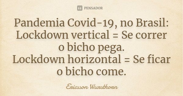 Pandemia Covid-19, no Brasil:
Lockdown vertical = Se correr o bicho pega.
Lockdown horizontal = Se ficar o bicho come.... Frase de Ericsson Wursthorn.