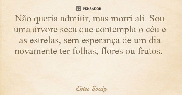 Não queria admitir, mas morri ali. Sou uma árvore seca que contempla o céu e as estrelas, sem esperança de um dia novamente ter folhas, flores ou frutos.... Frase de Eriec Soulz.