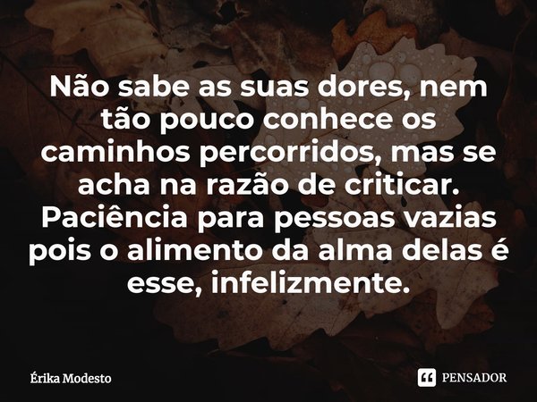 ⁠Não sabe as suas dores, nem tão pouco conhece os caminhos percorridos, mas se acha na razão de criticar. Paciência para pessoas vazias pois o alimento da alma ... Frase de Érika Modesto.