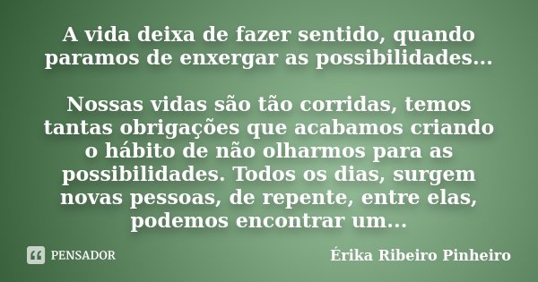 A vida deixa de fazer sentido, quando paramos de enxergar as possibilidades... Nossas vidas são tão corridas, temos tantas obrigações que acabamos criando o háb... Frase de Érika Ribeiro Pinheiro.