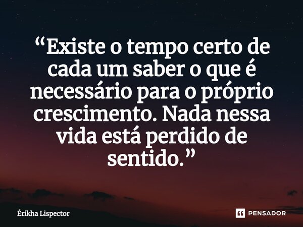 ⁠“Existe o tempo certo de cada um saber o que é necessário para o próprio crescimento. Nada nessa vida está perdido de sentido.”... Frase de Érikha Lispector.