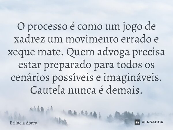 ⁠O processo é como um jogo de xadrez um movimento errado e xeque mate. Quem advoga precisa estar preparado para todos os cenários possíveis e imagináveis. Caute... Frase de Erilúcia Abreu.