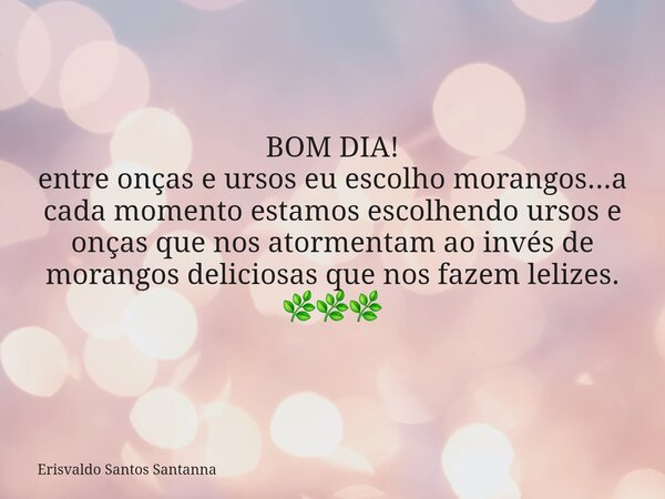 BOM DIA! entre onças e ursos eu escolho morangos...a cada momento estamos escolhendo ursos e onças que nos atormentam ao invés de morangos deliciosas que nos fa... Frase de Erisvaldo Santos Santanna.