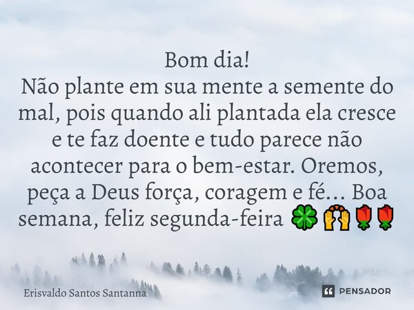 Bom dia! Não plante em sua mente a semente do mal, pois quando ali plantada ela cresce e te faz doente e tudo parece não acontecer para o bem-estar. Oremos, peç... Frase de Erisvaldo Santos Santanna.
