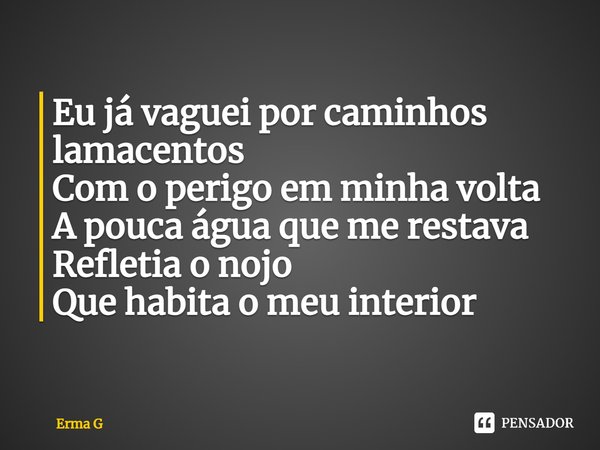⁠Eu já vaguei por caminhos lamacentos
Com o perigo em minha volta
A pouca água que me restava
Refletia o nojo
Que habita o meu interior... Frase de Erma G.