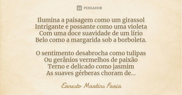 Ilumina a paisagem como um girassol Intrigante e possante como uma violeta Com uma doce suavidade de um lírio Belo como a margarida sob a borboleta. O sentiment... Frase de Ernesto Martins Faria.