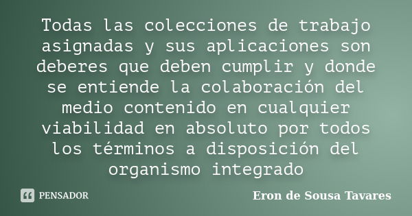 Todas las colecciones de trabajo asignadas y sus aplicaciones son deberes que deben cumplir y donde se entiende la colaboración del medio contenido en cualquier... Frase de Eron de Sousa Tavares.