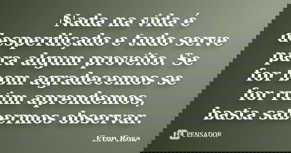 Nada na vida é desperdiçado e tudo serve para algum proveito. Se for bom agradecemos se for ruim aprendemos, basta sabermos observar.... Frase de Eron Rosa.