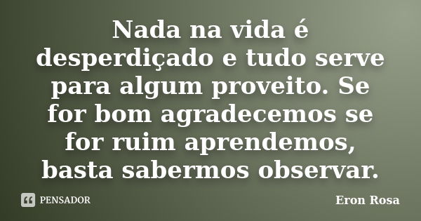 Nada na vida é desperdiçado e tudo serve para algum proveito. Se for bom agradecemos se for ruim aprendemos, basta sabermos observar.... Frase de Eron Rosa.