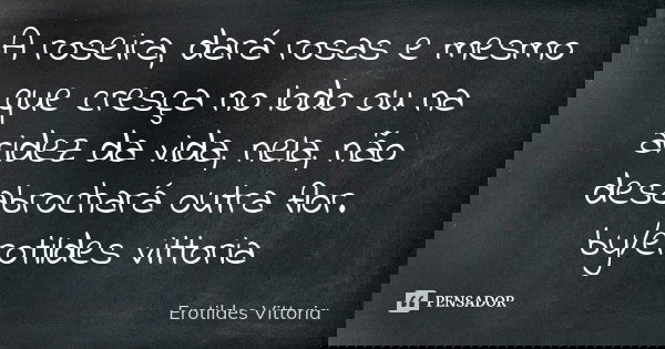 A roseira, dará rosas e mesmo que cresça no lodo ou na aridez da vida, nela, não desabrochará outra flor. by/erotildes vittoria... Frase de erotildes vittoria.