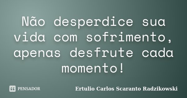 Não desperdice sua vida com sofrimento, apenas desfrute cada momento!... Frase de Ertulio Carlos Scaranto Radzikowski.