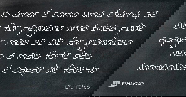O amor é como uma chama, se ele for pegueno uma brisa pode apagar mas se ele for grandioso nem a mais forte das tormentas é capaz de faze-lo... Frase de Eru Túrëo.