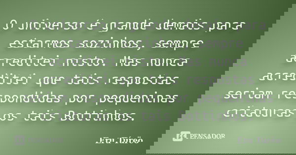 O universo é grande demais para estarmos sozinhos, sempre acreditei nisto. Mas nunca acreditei que tais respostas seriam respondidas por pequeninas criaturas os... Frase de Eru Túrëo.
