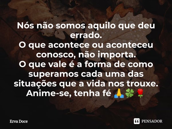 ⁠Nós não somos aquilo que deu errado.
O que acontece ou aconteceu conosco, não importa.
O que vale é a forma de como superamos cada uma das situações que a vida... Frase de ERVA DOCE.