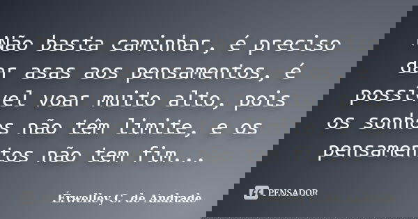Não basta caminhar, é preciso dar asas aos pensamentos, é possível voar muito alto, pois os sonhos não têm limite, e os pensamentos não tem fim...... Frase de Érwelley C. de Andrade.