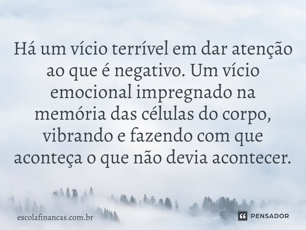 ⁠Há um vício terrível em dar atenção ao que é negativo. Um vício emocional impregnado na memória das células do corpo, vibrando e fazendo com que aconteça o que... Frase de escolafinancas.com.br.
