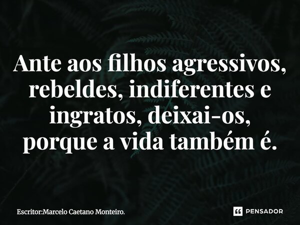 Ante aos filhos agressivos, rebeldes, indiferentes e ingratos, deixai-os, porque a vida também é.... Frase de Escritor:Marcelo Caetano Monteiro..