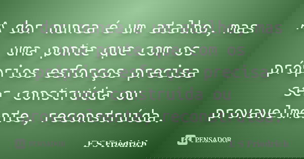 A dor nunca é um atalho, mas uma ponte que com os próprios esforços precisa ser construída ou provavelmente, reconstruída.... Frase de E S Friedrich.