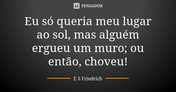 Eu só queria meu lugar ao sol, mas alguém ergueu um muro; ou então, choveu!... Frase de E S Friedrich.