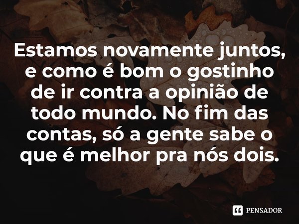 Estamos novamente juntos, e como é bom o gostinho de ir contra a opinião de todo mundo. No fim das contas, só a gente sabe o que é melhor pra nós dois.
