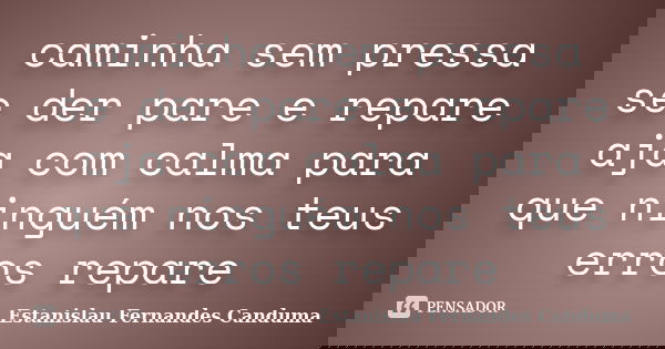 caminha sem pressa se der pare e repare aja com calma para que ninguém nos teus erros repare... Frase de Estanislau Fernandes Canduma.